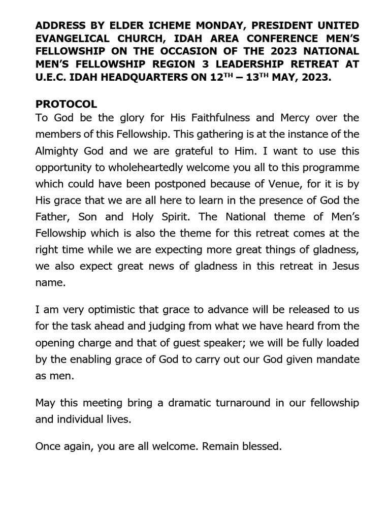 Sample of Address Address by Elder Icheme Monday | PDF