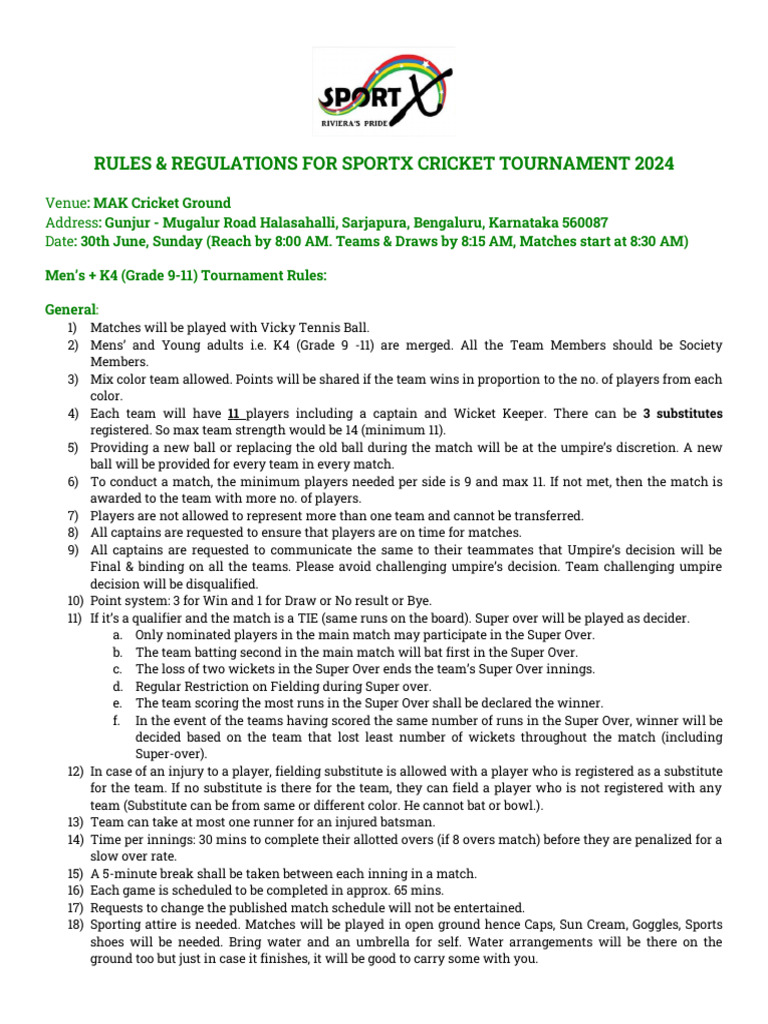 SportX Cricket Tournament 2024 Rules | PDF | Bowling (Cricket ...