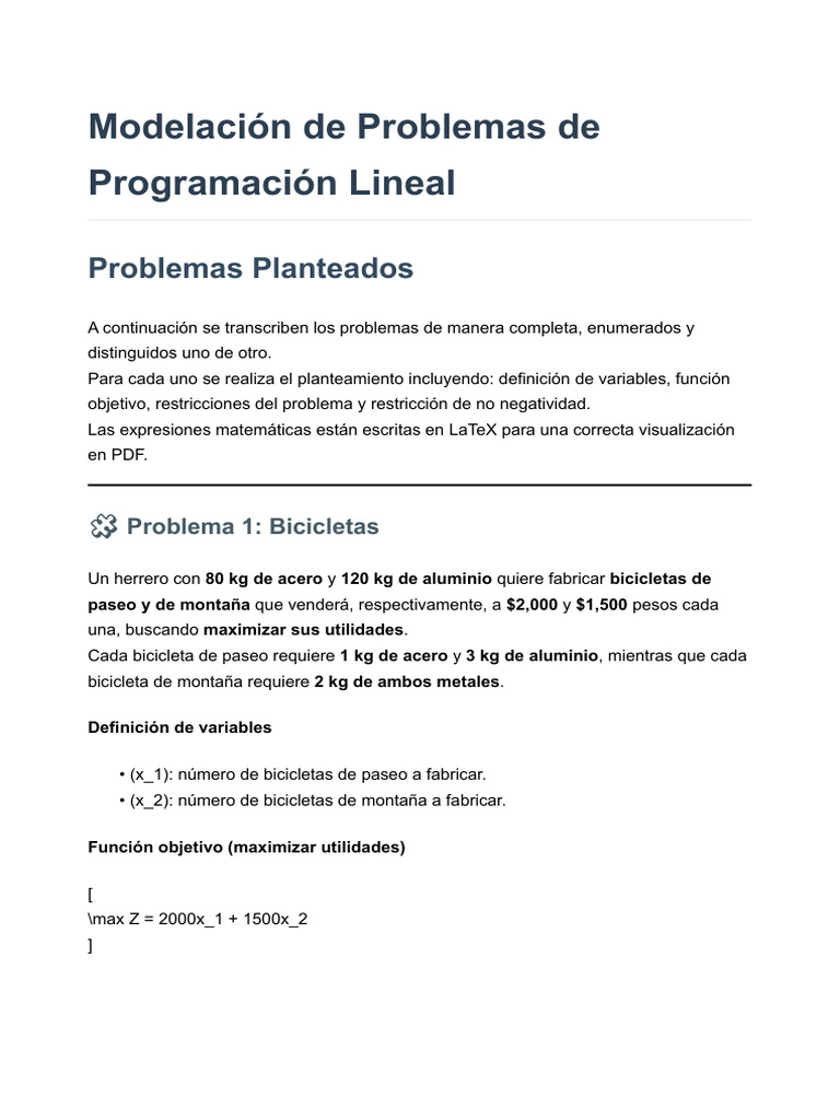 Modelación de Problemas de Programación Lineal | PDF | Programación lineal