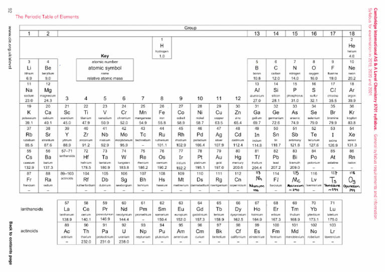 9701 CIE A-Level Chemistry Periodic Table | PDF