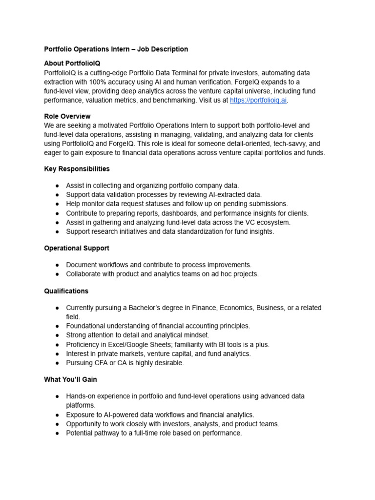 Portfolio Operations Intern Job Description | PDF