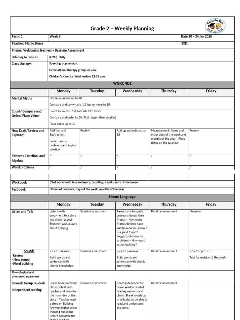 Planning Grade 2 - Week 1 - Term 1 | PDF | Reading Comprehension | Learning