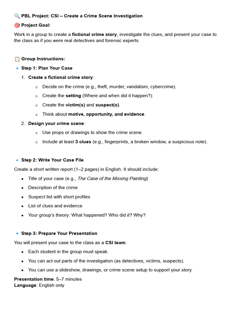 ? PBL Project - CSI 8th Grade | PDF