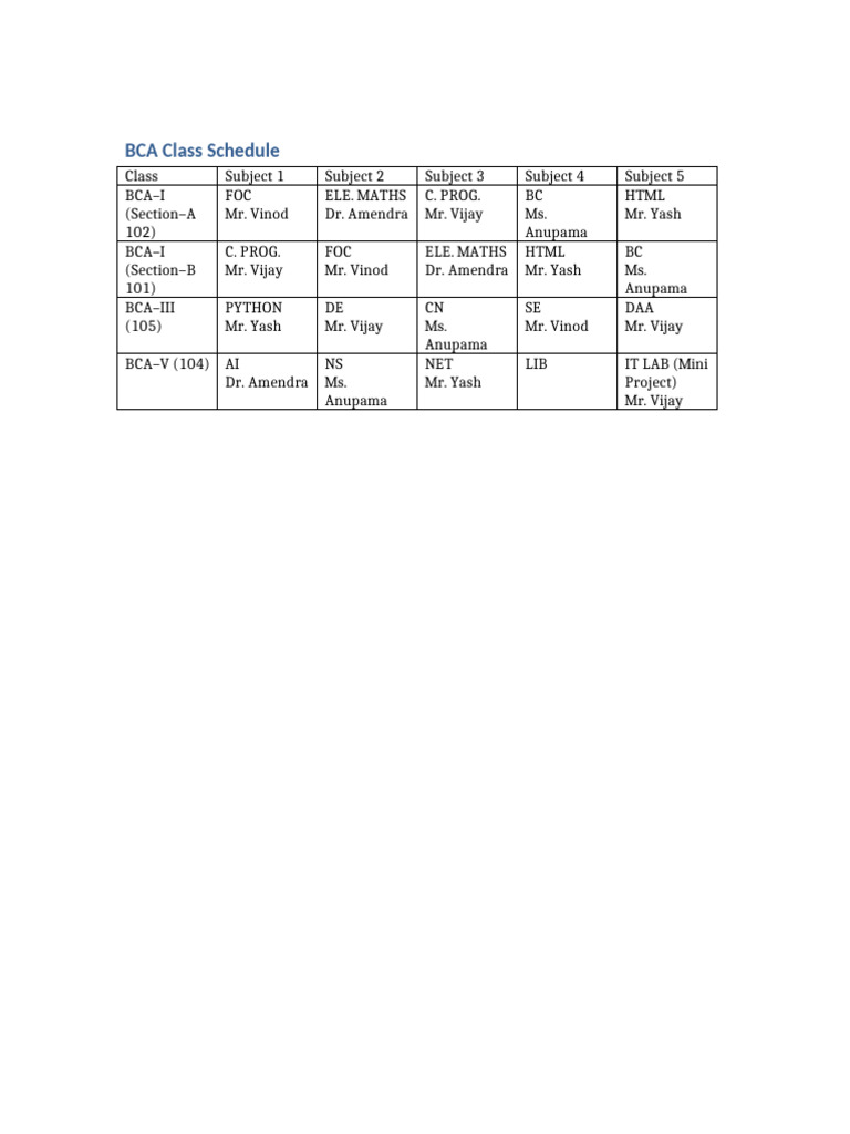 BCA Class Schedule Overview | PDF