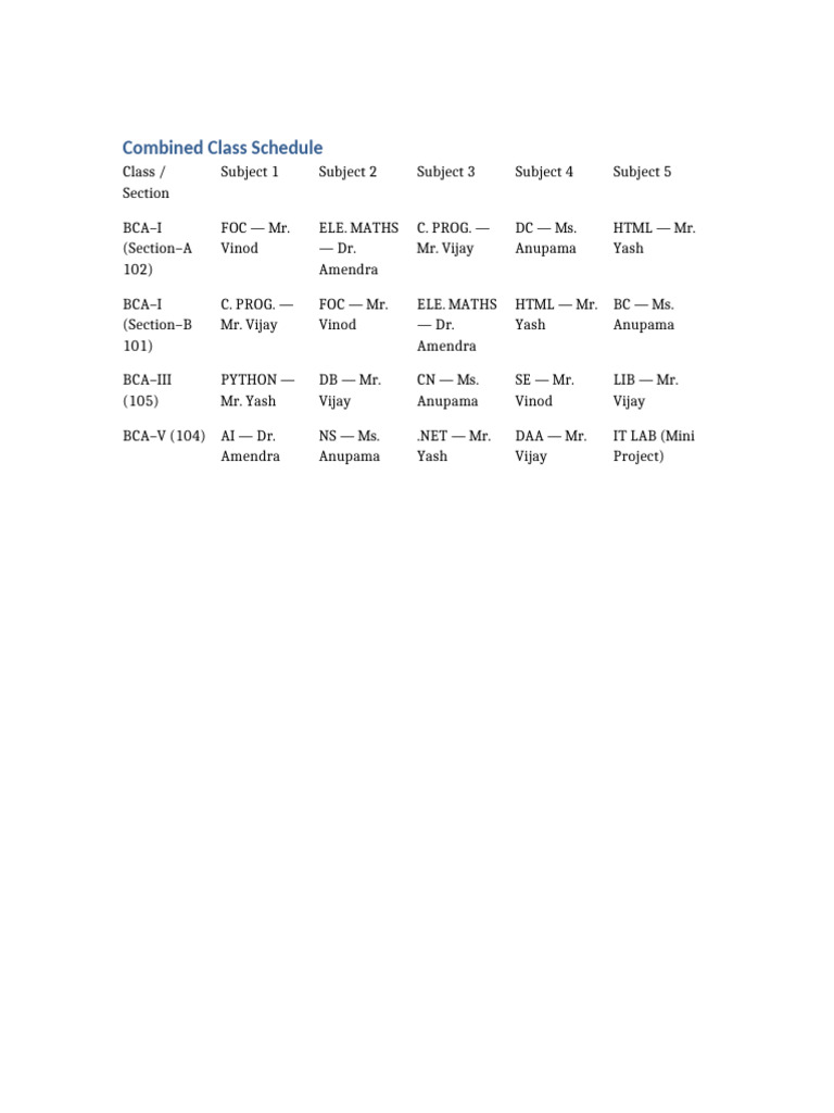 BCA Class Schedule Overview | PDF