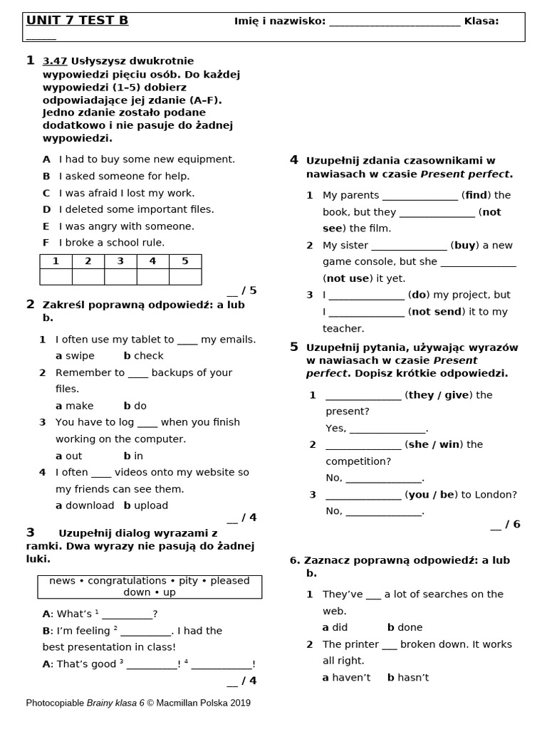 Unit 7 Test B: Language Exercises | PDF | Computing