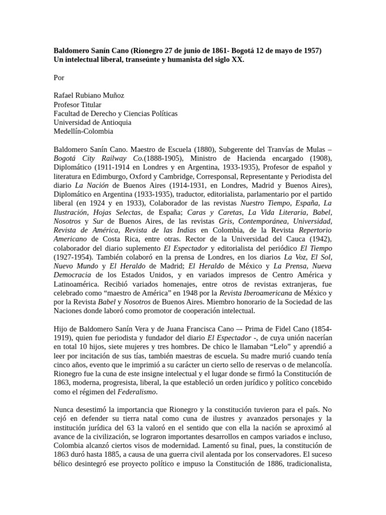 Baldomero Sanín Cano Semblanza Por RAFAEL RUBIANO 01062015 | PDF