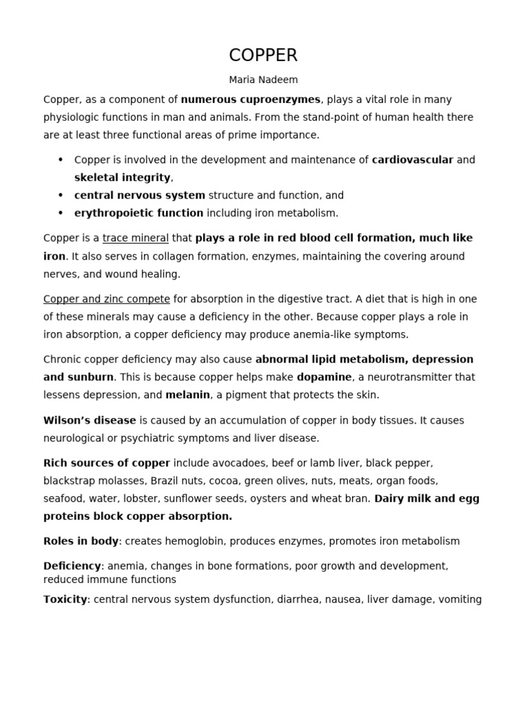 Essential Roles of Copper in Health | PDF
