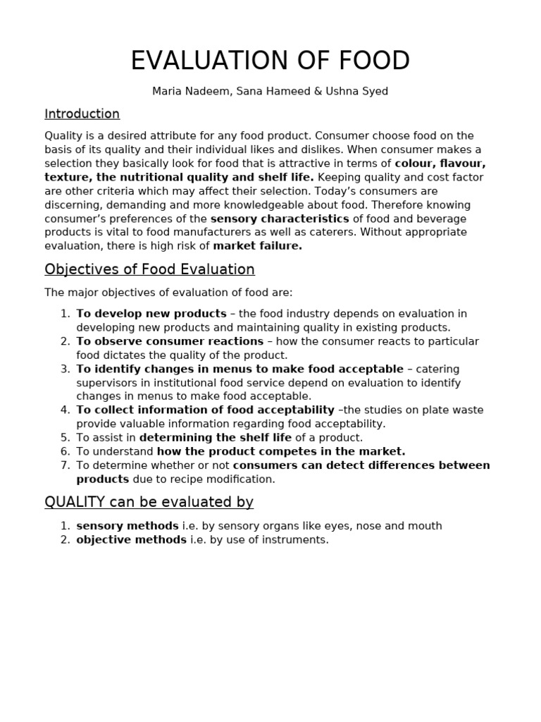 Evaluation of Food | PDF | Taste | Foods