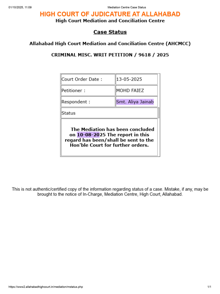 Allahabad Mediation Case Status Report | PDF