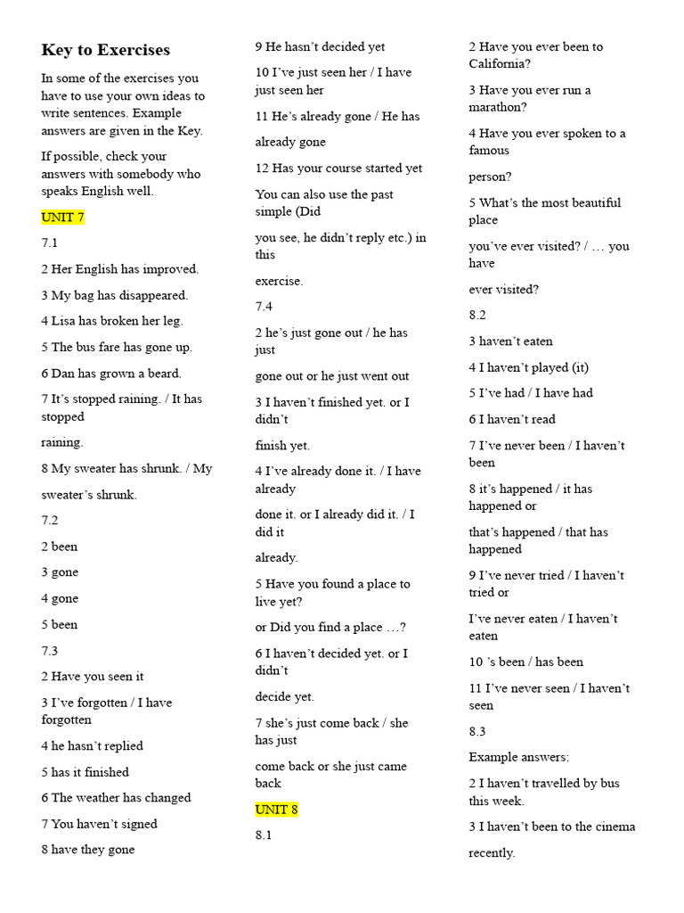English Exercise Answer Key Guide | PDF