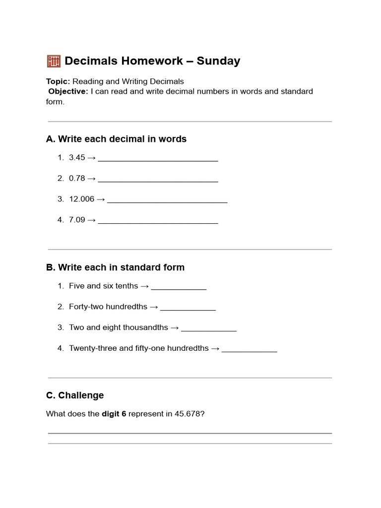 Decimals Homework: Reading, Writing, Comparing | PDF | Mathematics ...