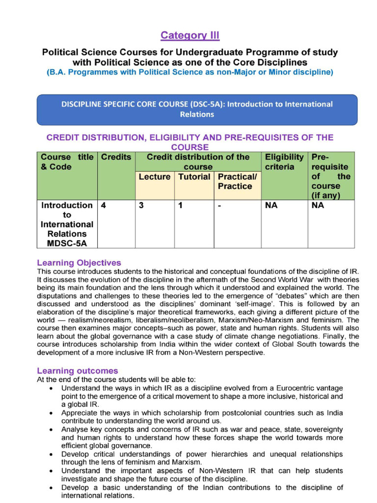International Relations - Political Science Syllabus | PDF