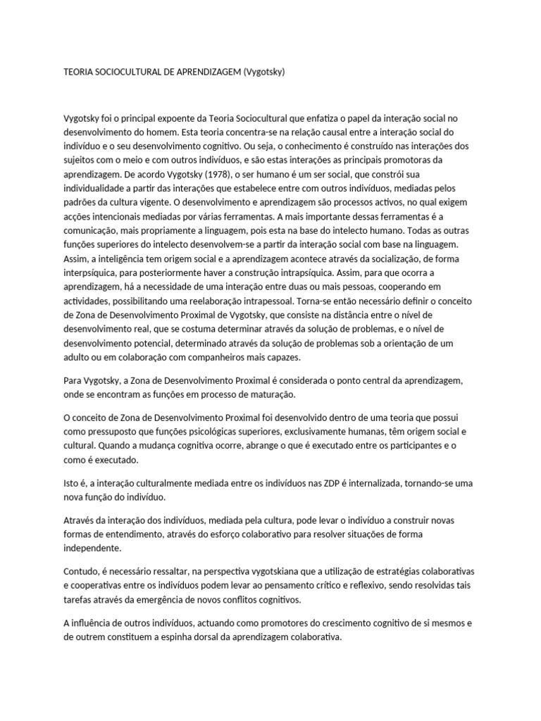 Teoria Sociocultural de Vygotsky e Aprendizagem | PDF | Aprendizado ...