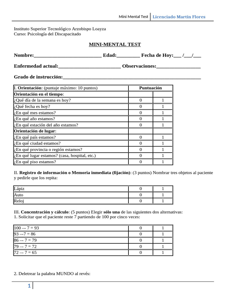 Mini Mental Test para Evaluación Cognitiva | PDF | Demencia | Conceptos ...