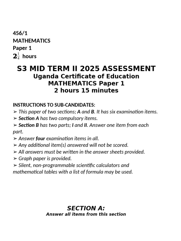 S3 Mathematics Mid-Term II Assessment 2025 | PDF | Money