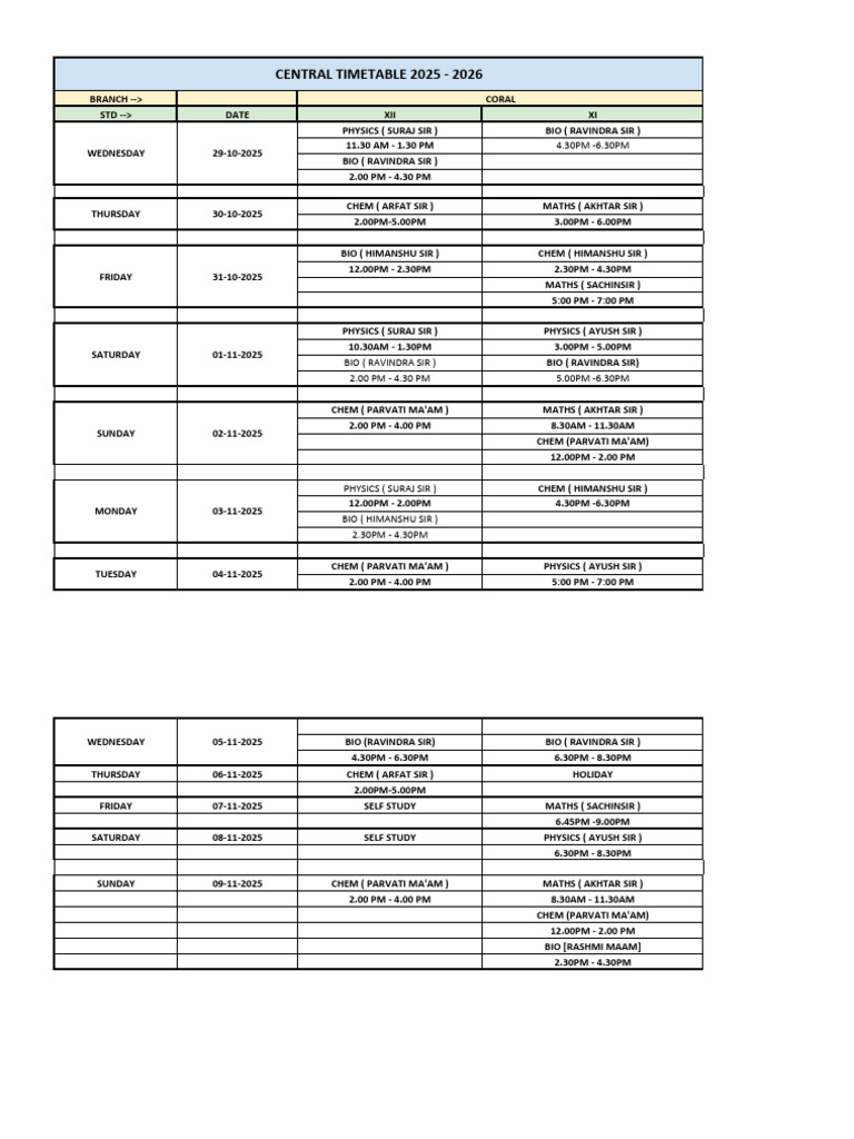 Coral Timtable | PDF