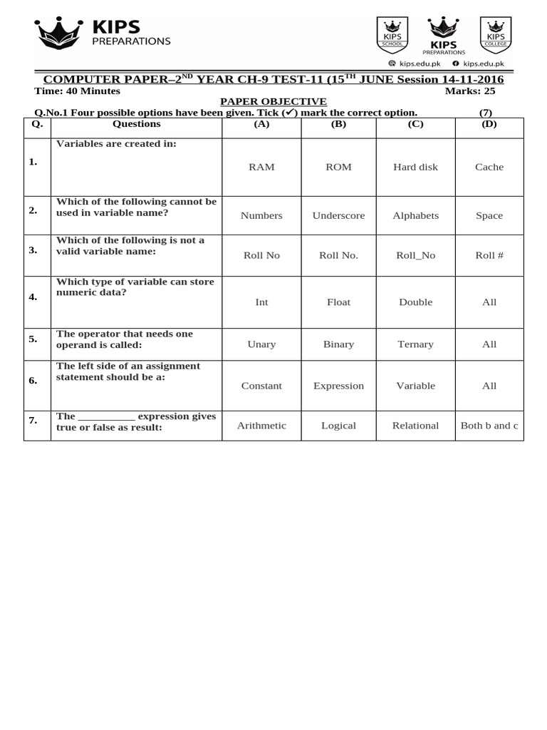Computer Paper 2: Variable Concepts Test | PDF | Computer Engineering ...