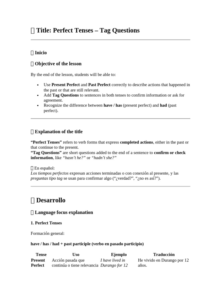 Perfect Tenses and Tag Questions Guide | PDF | Perfect (Grammar ...
