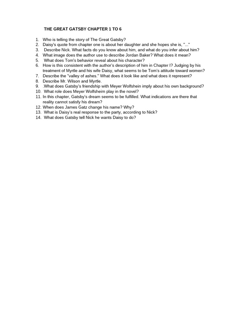 The Great Gatsby Chapter 1 To 6 Questions | PDF