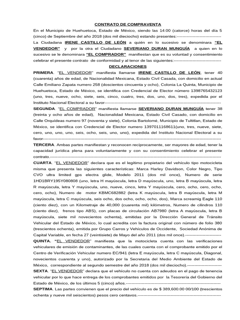Contrato de Compraventa de Motocicleta | PDF | México | Harley Davidson