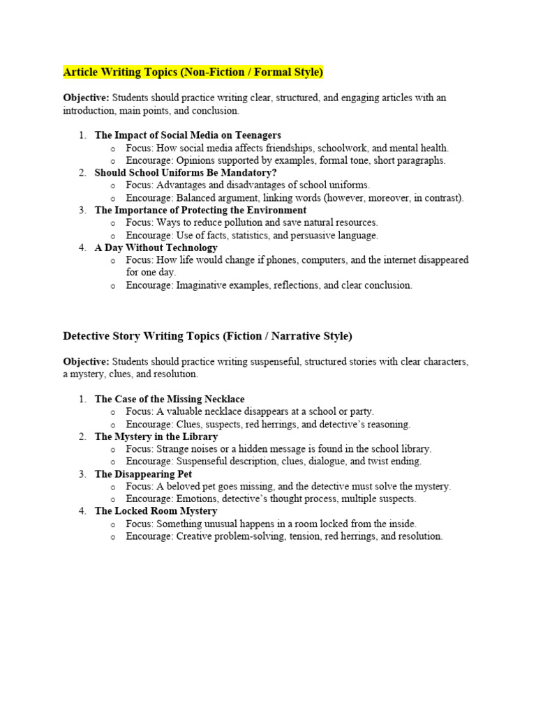 Yr 8 Composition Topics For Practice | PDF