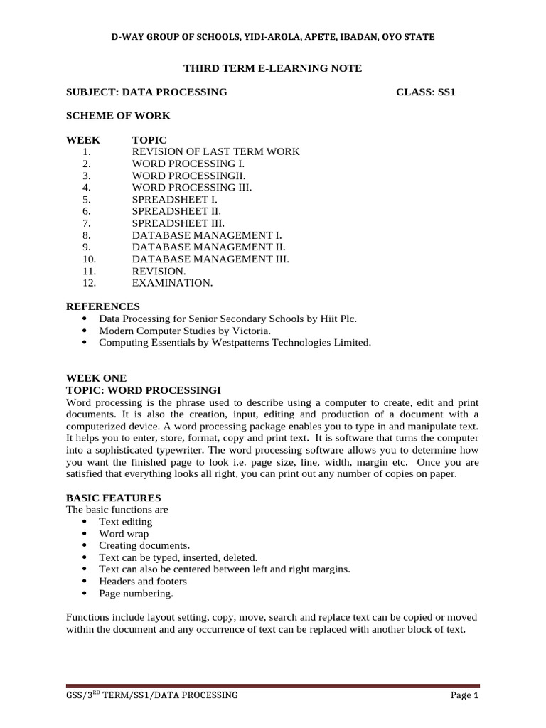 SS1 Data Processing E-Learning Notes | PDF | Databases | Spreadsheet