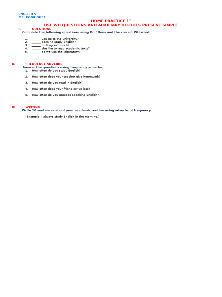 Xpycg-Home Practice 1 Use WH Question and Do - Does | PDF