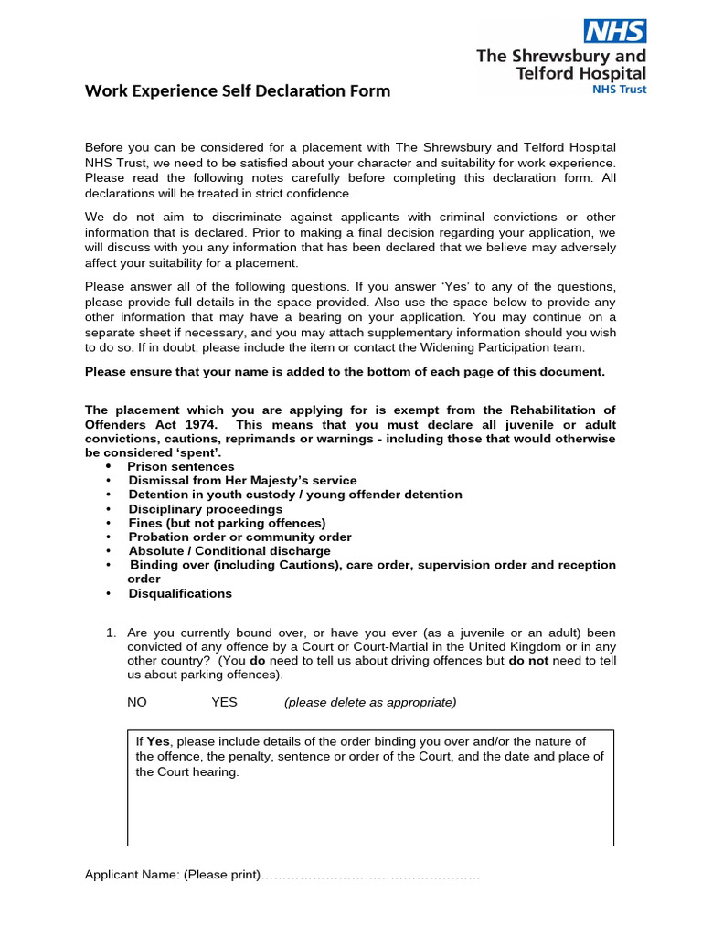 Work Experience Self Declaration Form | PDF | Criminology | Public Law