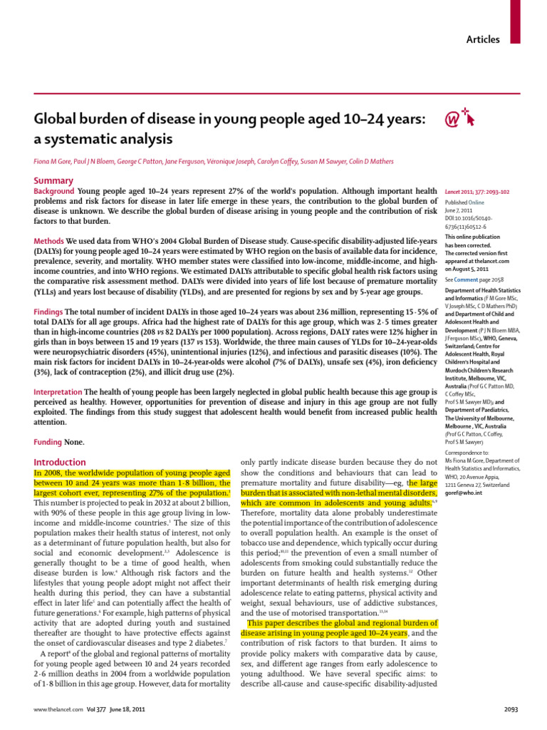2011 Gore - Global Burden of Disease in Young People Aged 10-24 Years ...