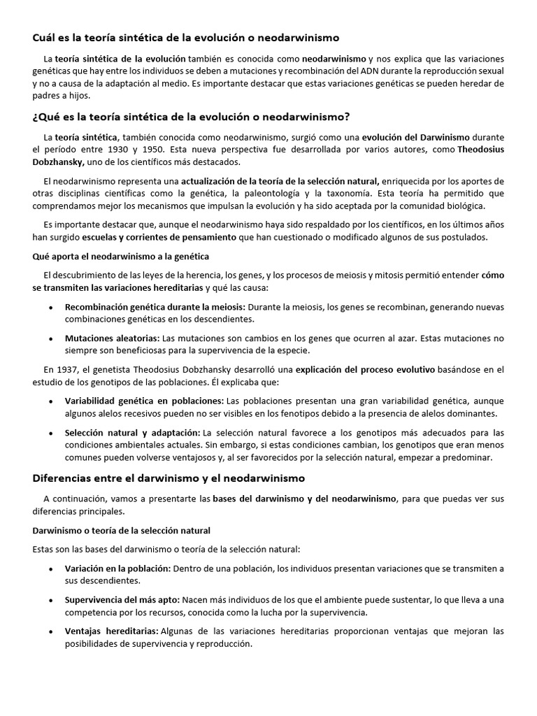 Teoría sintética de la evolución: neodarwinismo | PDF | Evolución ...