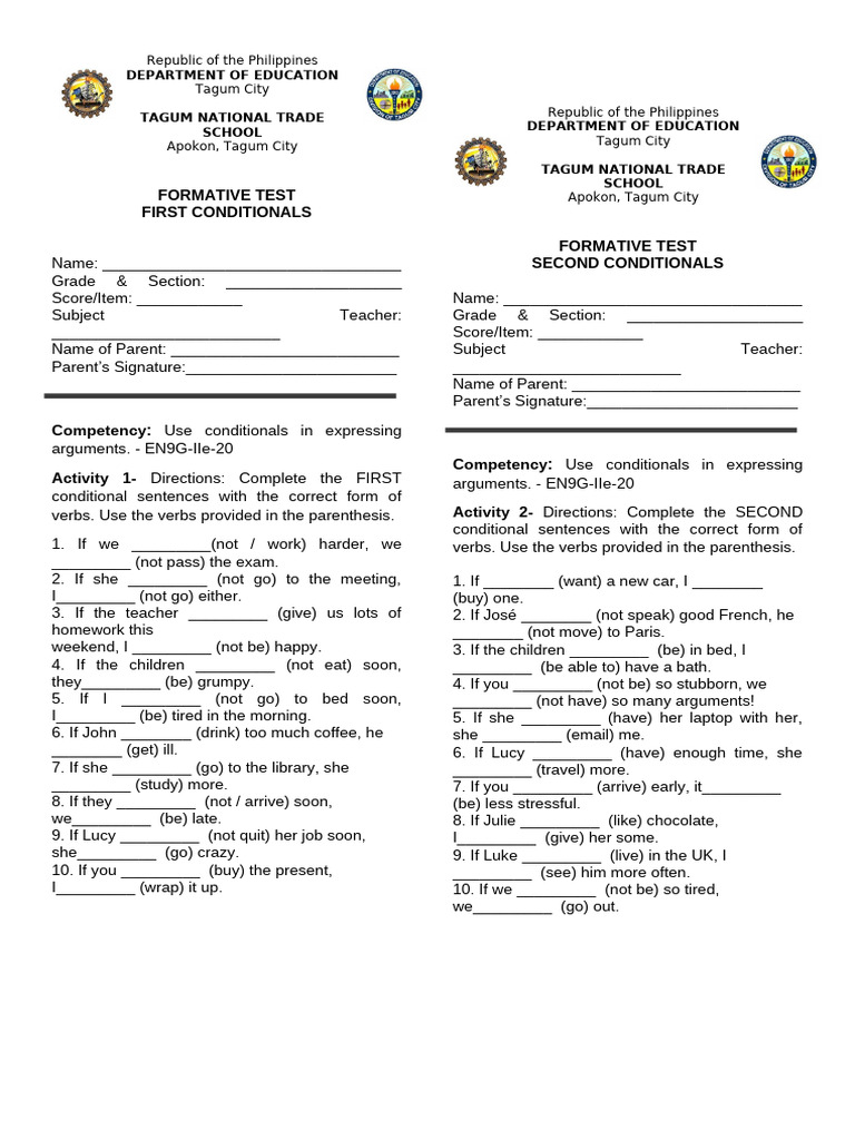 Formative Test on Conditional Sentences | PDF | Verb | Linguistic ...
