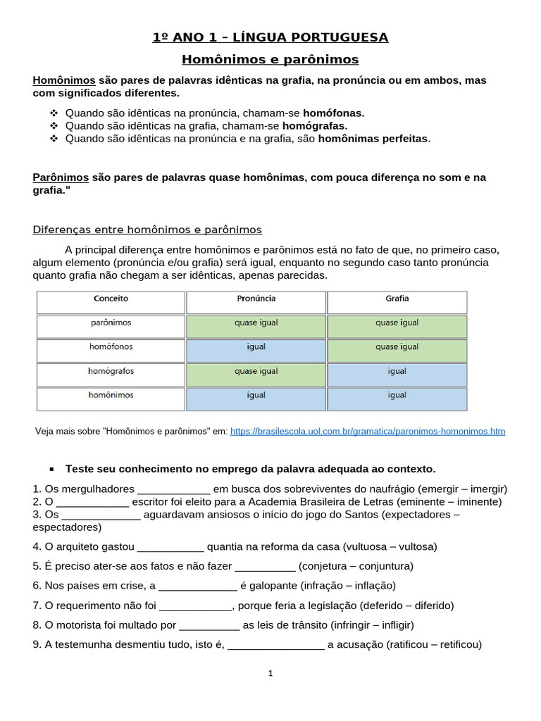 Homônimos e Parônimos: Diferenças e Exemplos | PDF