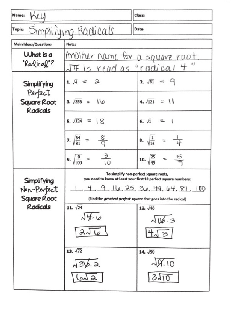 Simplifying Radicals Notes KEY | PDF