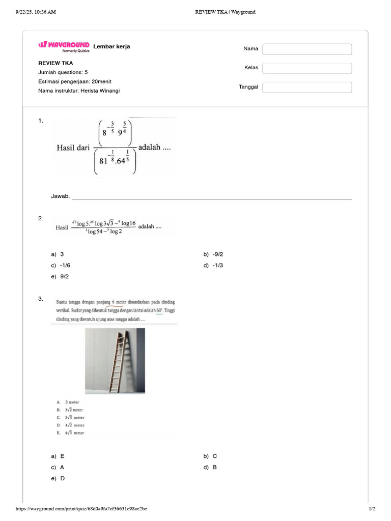 TKA Review Worksheet for Students | PDF