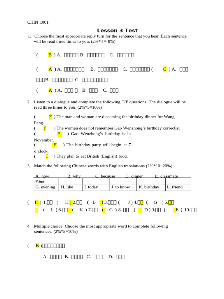 Lesson 3 Test Answer Key | PDF