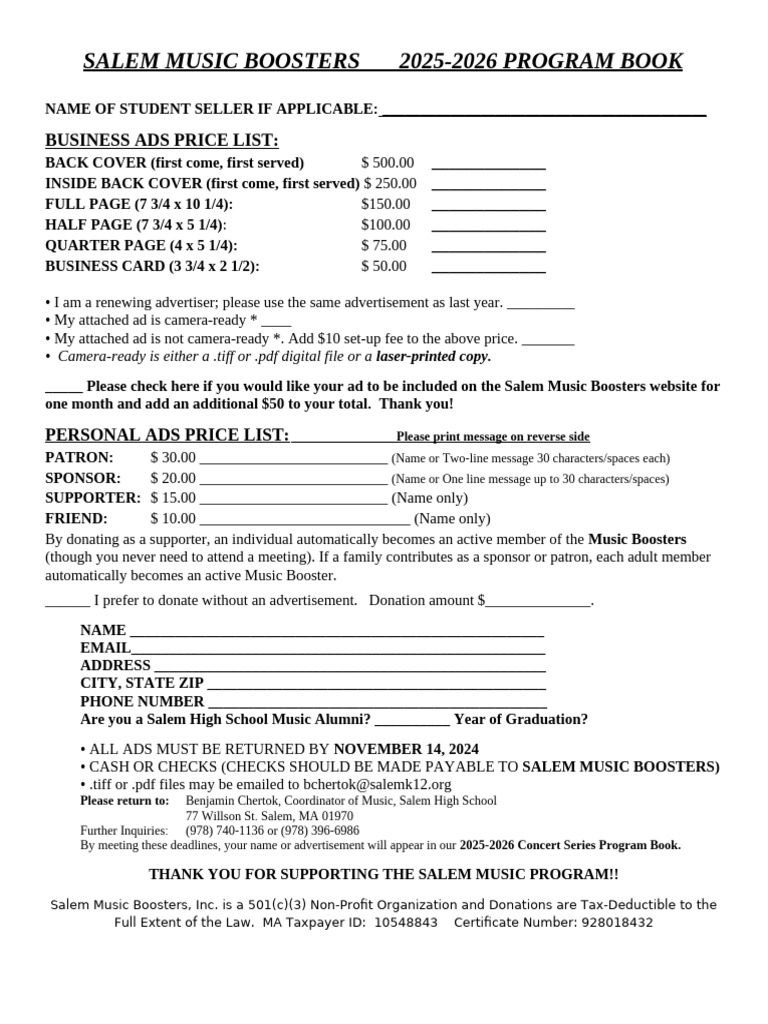 Program Book 25-26 Ad Form | PDF