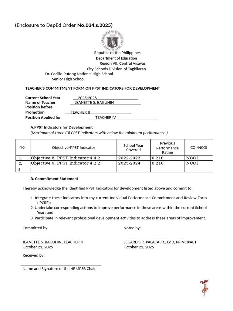 Teacher Commitment Form for PPST 2025 | PDF