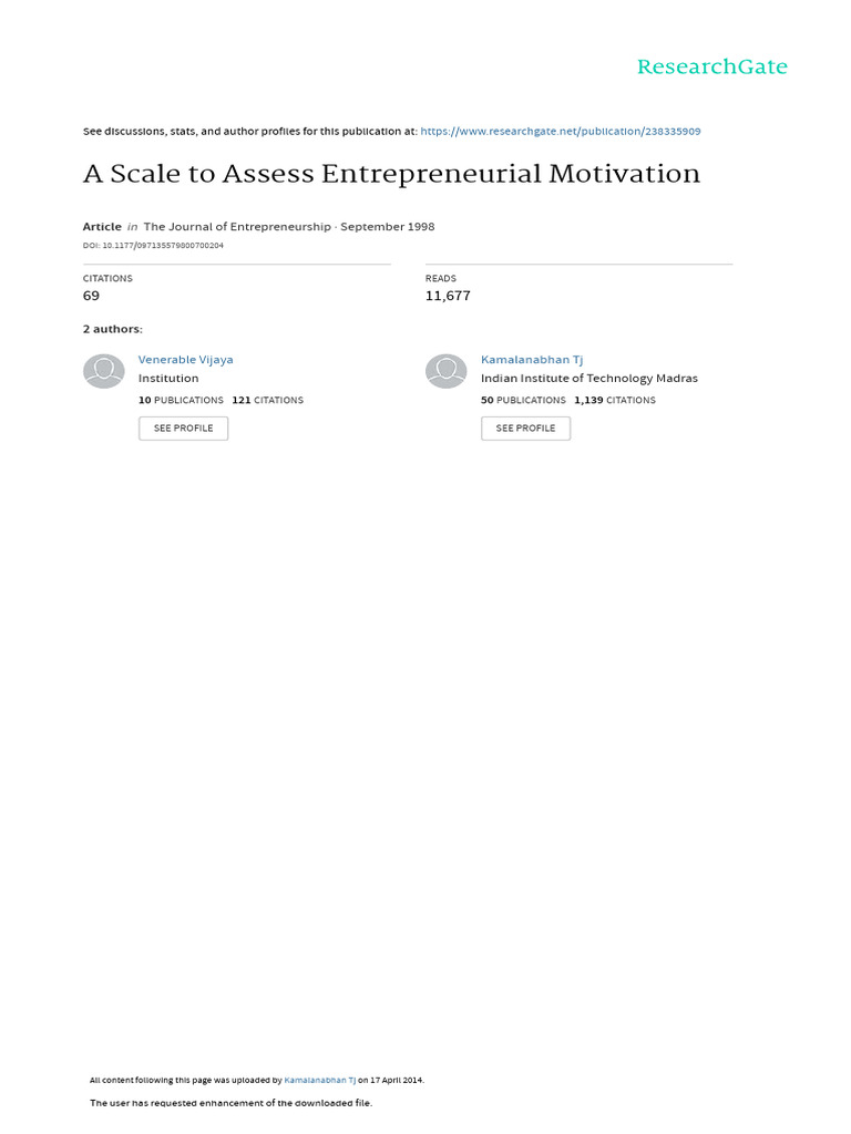 A Scale to Assess Entrepreneurial Motivation | PDF | Entrepreneurship ...