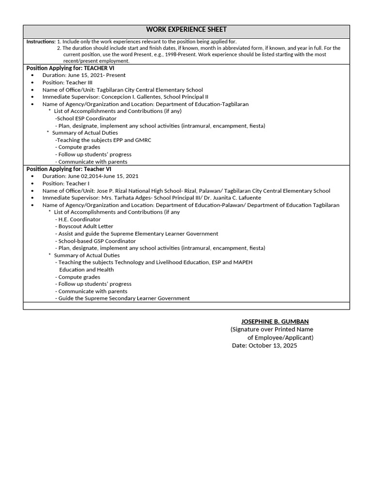 Teacher VI Work Experience Summary | PDF | Teachers | Learning