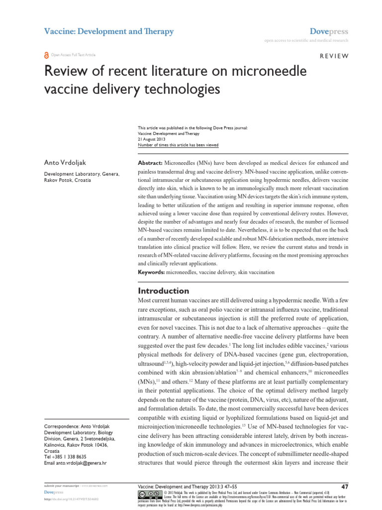 VDT 34682 Review of Recent Literature On Microneedle Vaccine Delivery ...