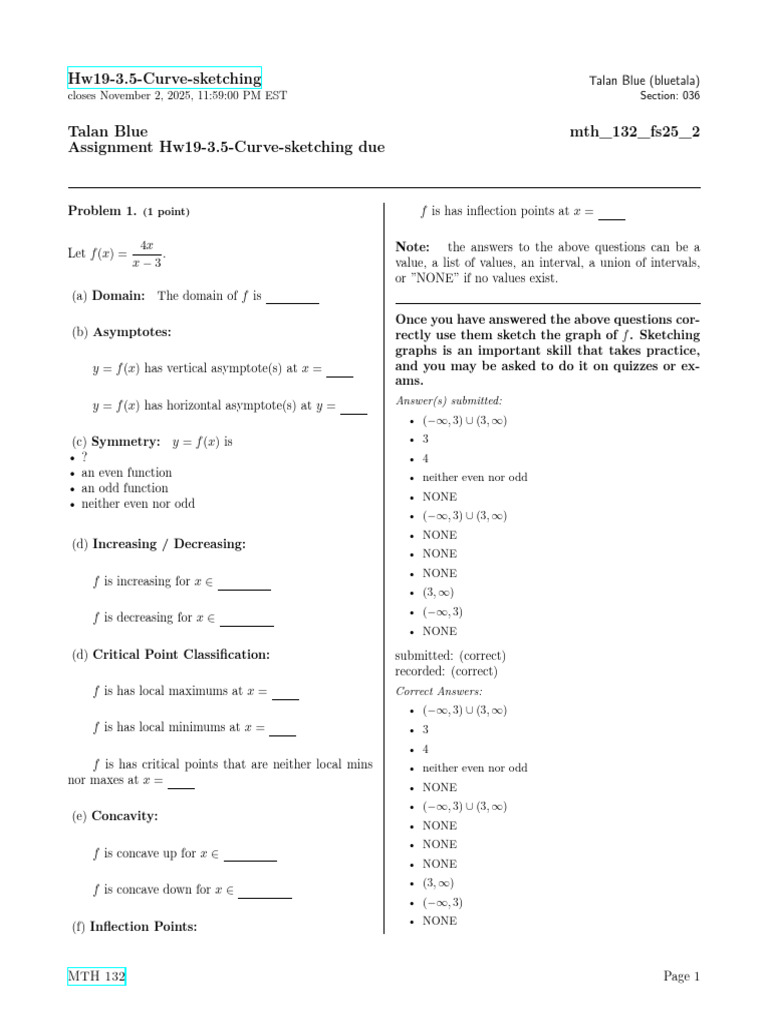 Curve Sketching Assignment MTH 132 | PDF | Asymptote | Calculus