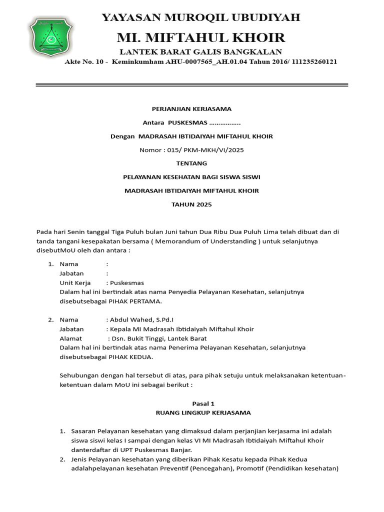 Kerjasama Kesehatan MI Miftahul Khoir 2025 | PDF
