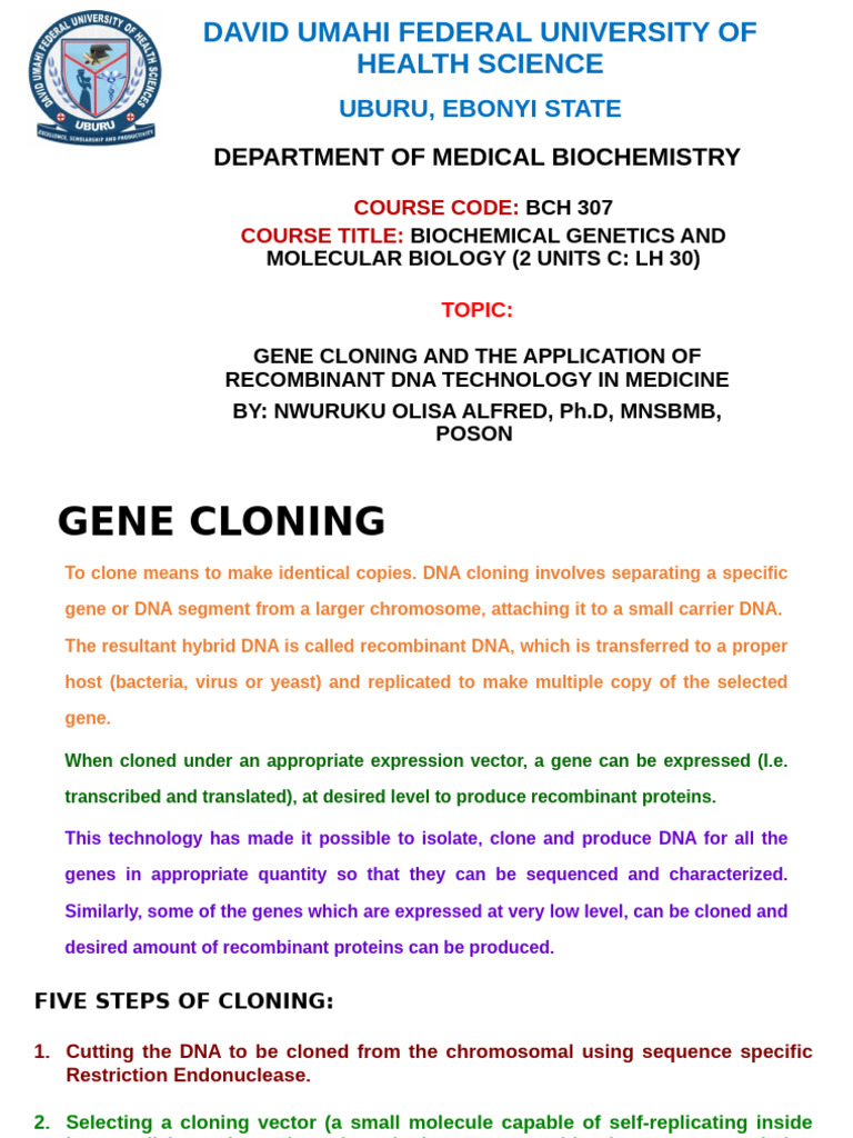 BCH 307 - Lecture Note-1 | PDF | Molecular Cloning | Recombinant Dna