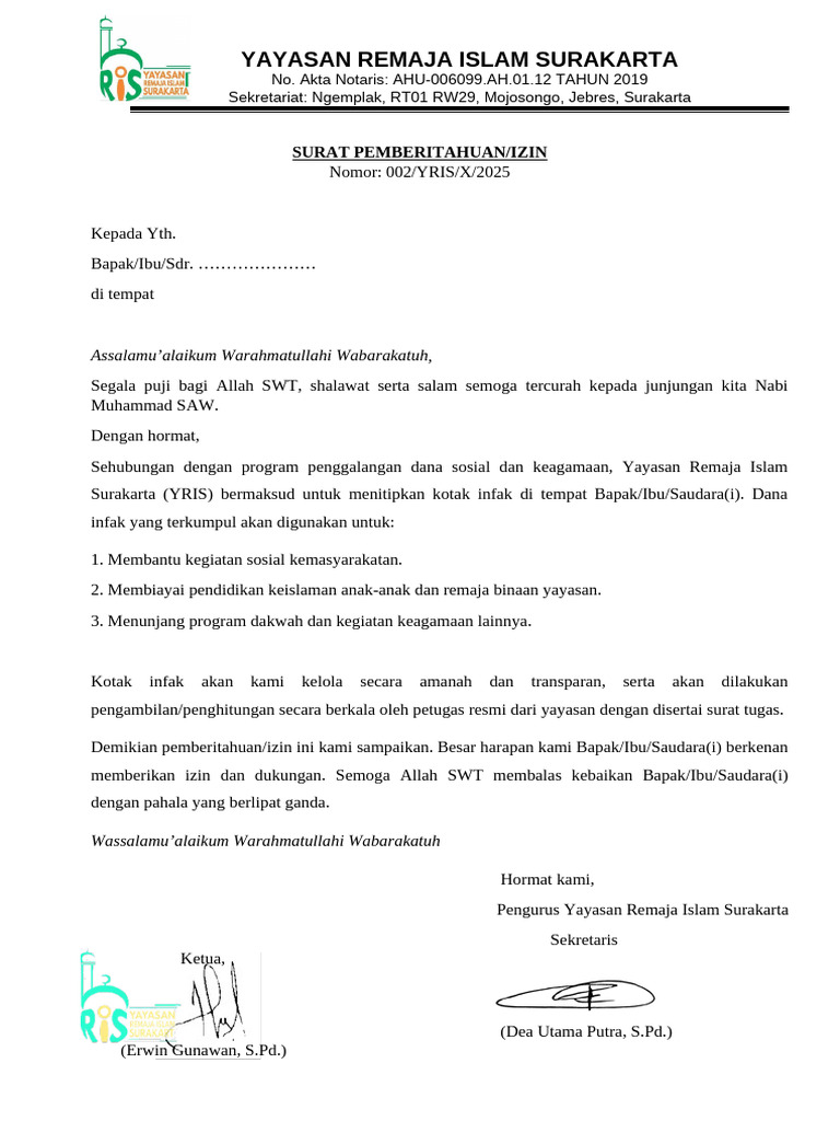 Surat Pemberitahuan Infaq Yris | PDF