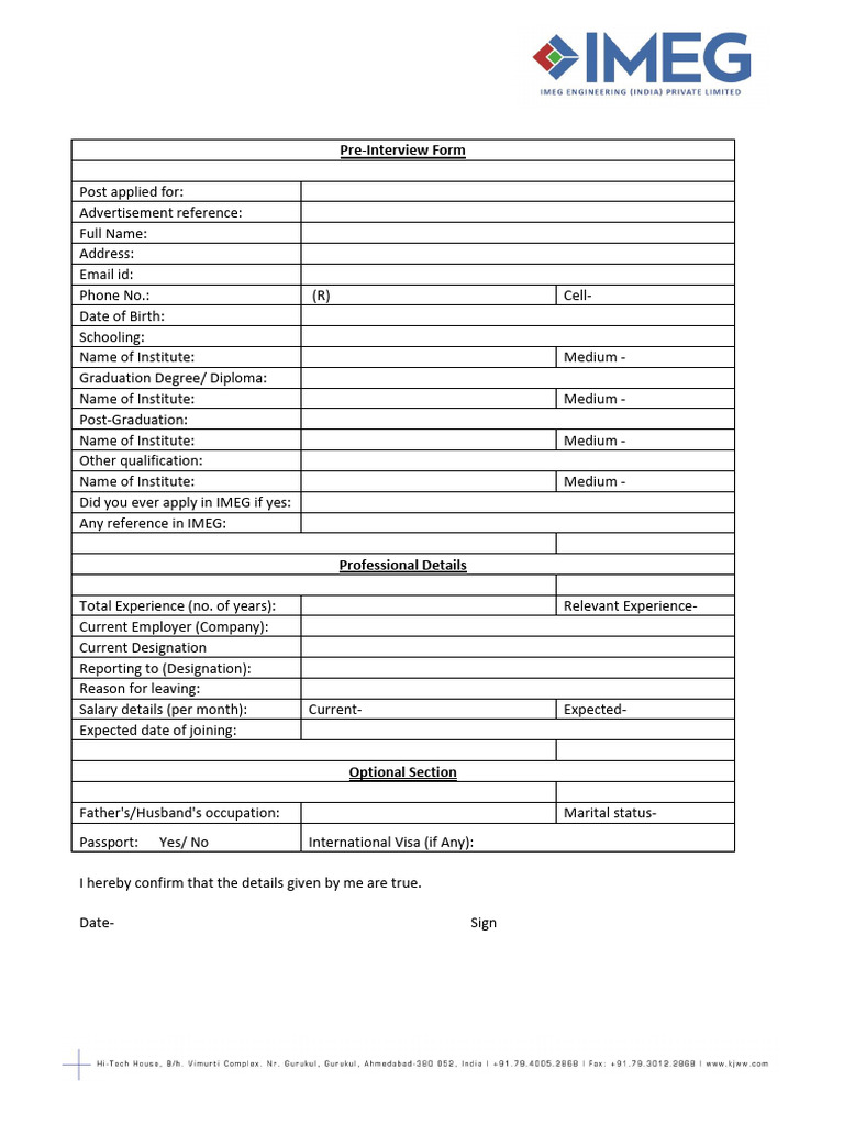 Pre-Interview Form IMEG. | PDF