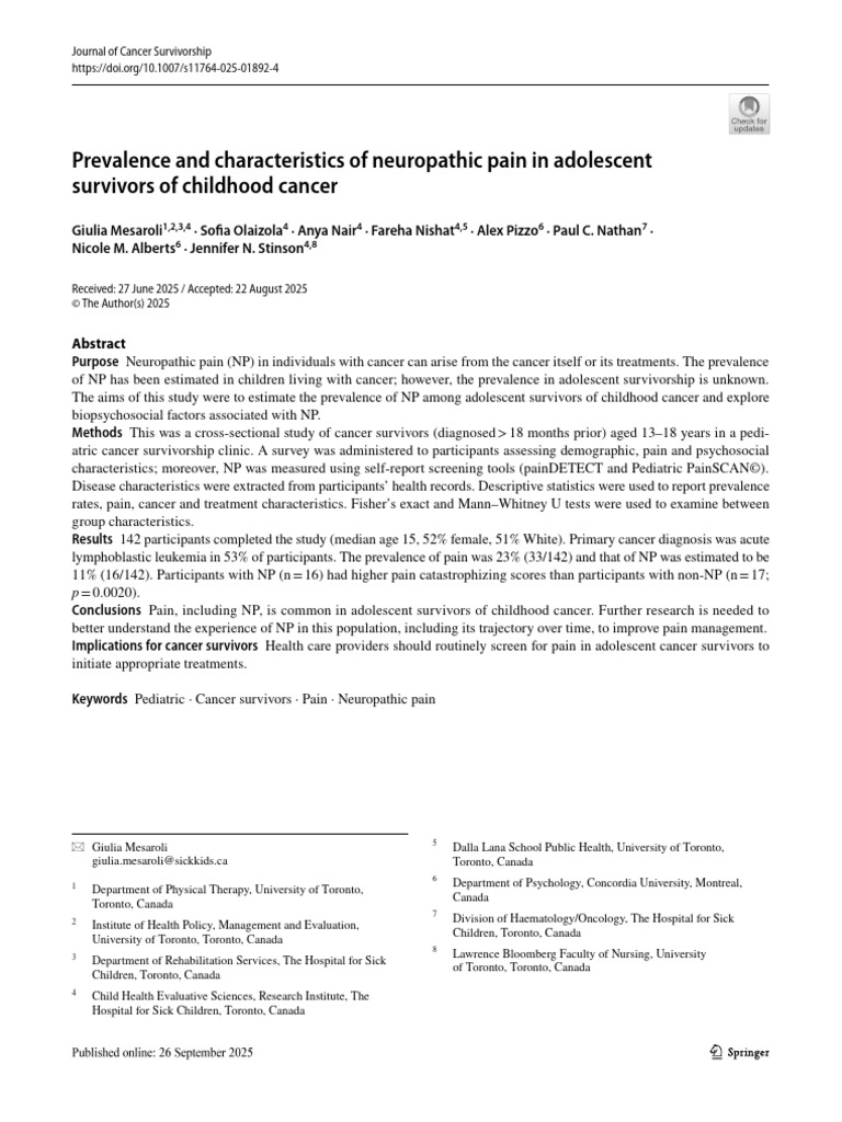 Prevalence and Characteristics of Neuropathic Pain in Adolescent ...