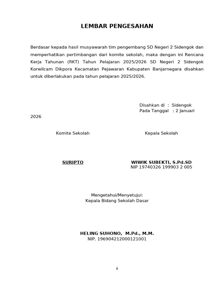 Pengesahan RKT SD Negeri 2 Sidengok | PDF