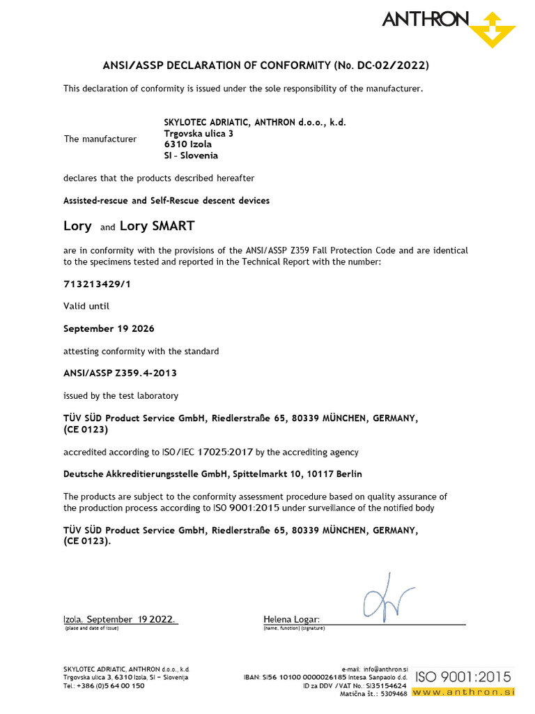 Certificacion Conformidad Descendedor Lory Anthron | PDF