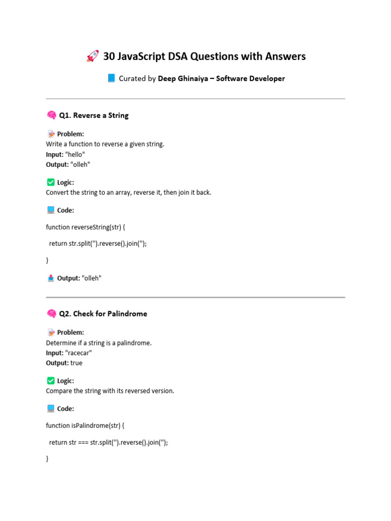 JavaScript DSA Questions & Answers | PDF | Computer Programming ...